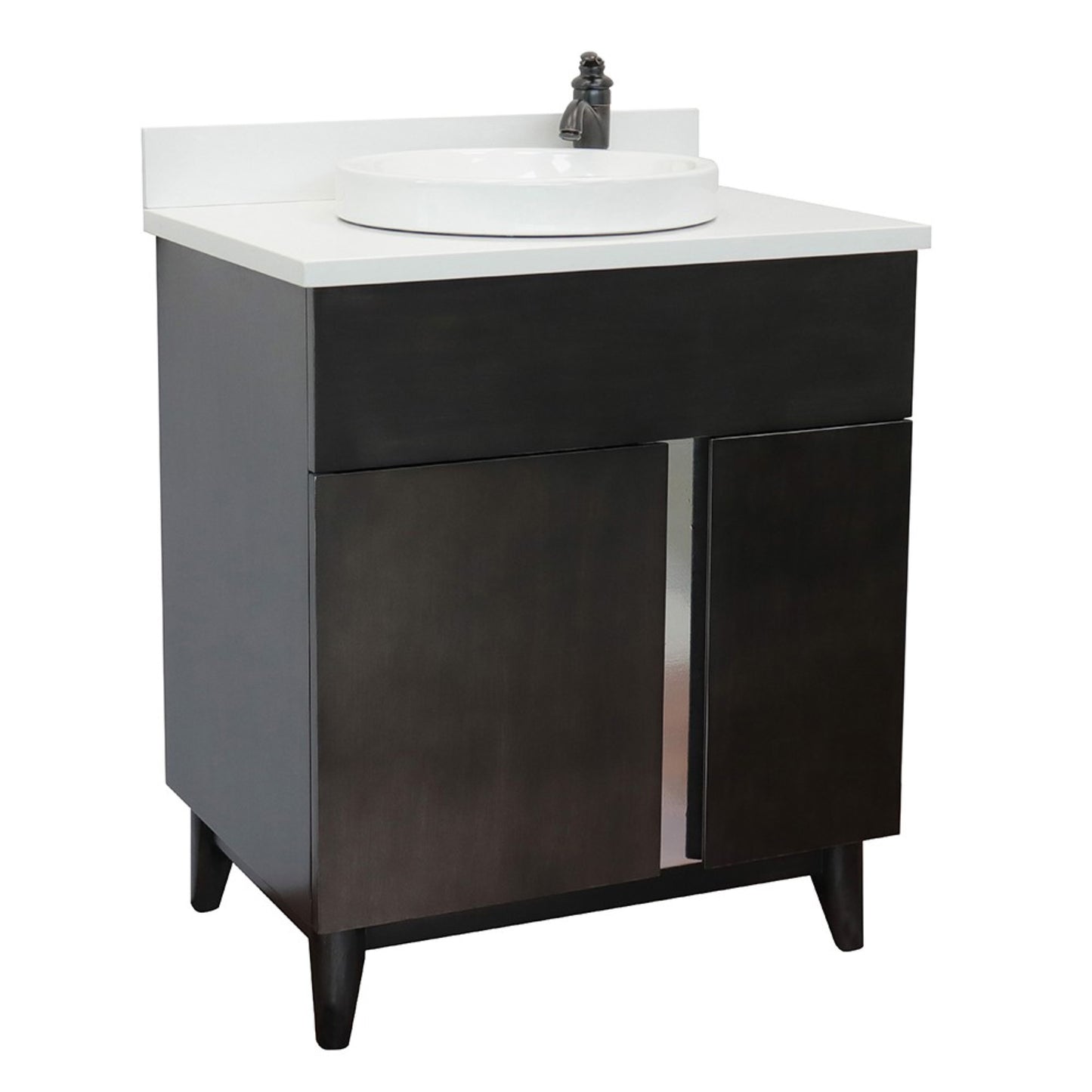 31" Single vanity in Silvery Brown finish with White engineered stone top and round sink