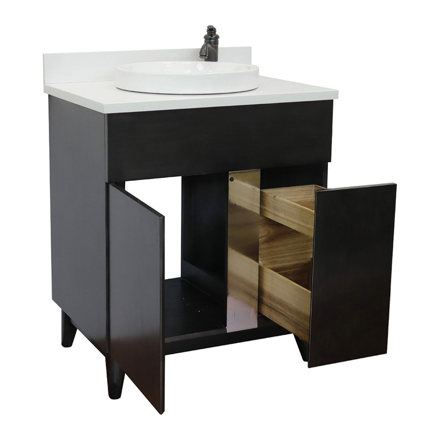 31" Single vanity in Silvery Brown finish with White engineered stone top and round sink