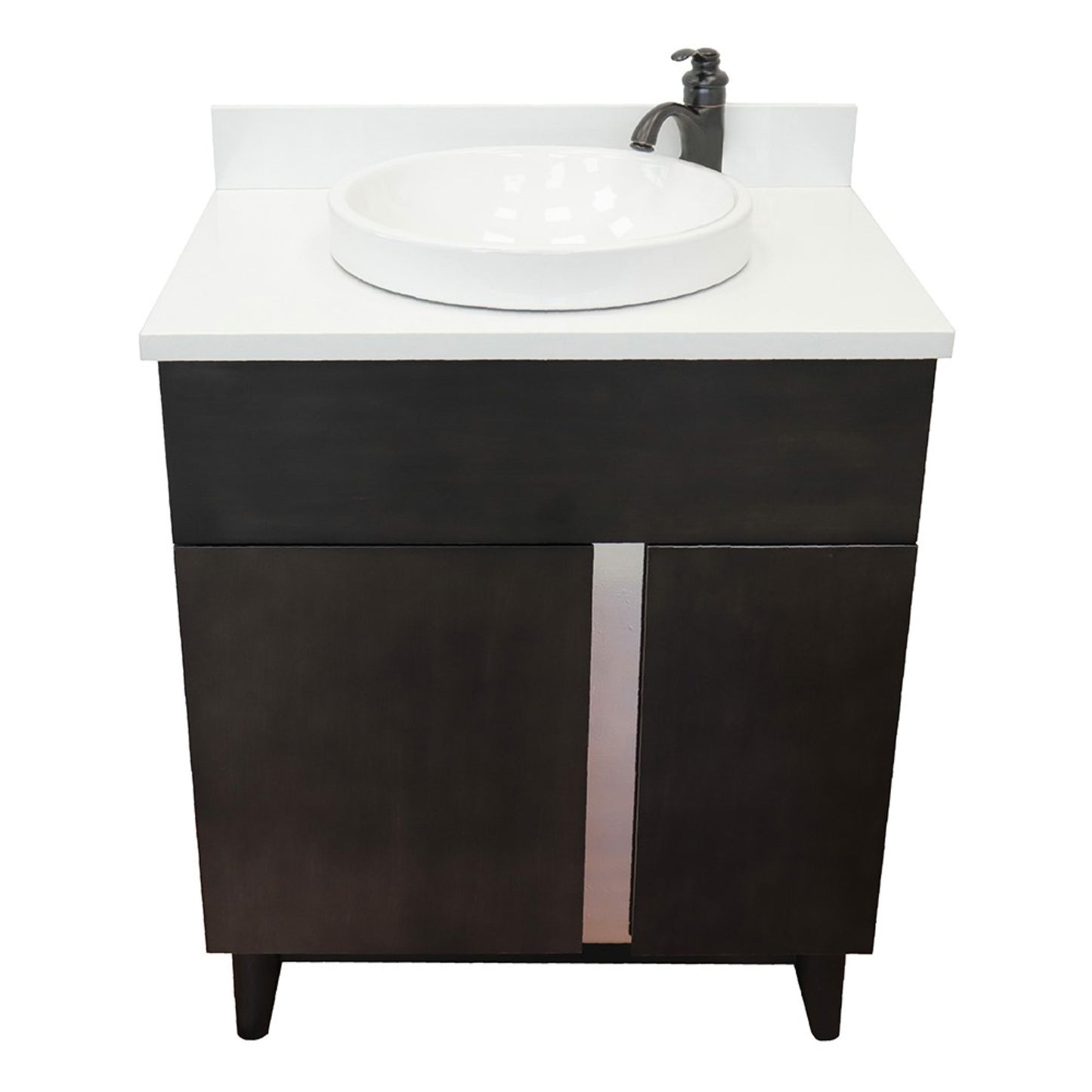 31" Single vanity in Silvery Brown finish with White engineered stone top and round sink