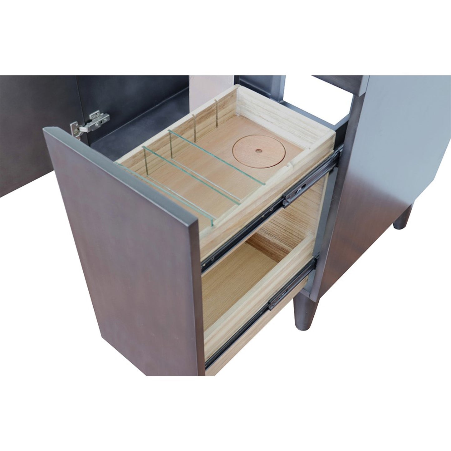 31" Single vanity in Silvery Brown finish with White engineered stone top and round sink