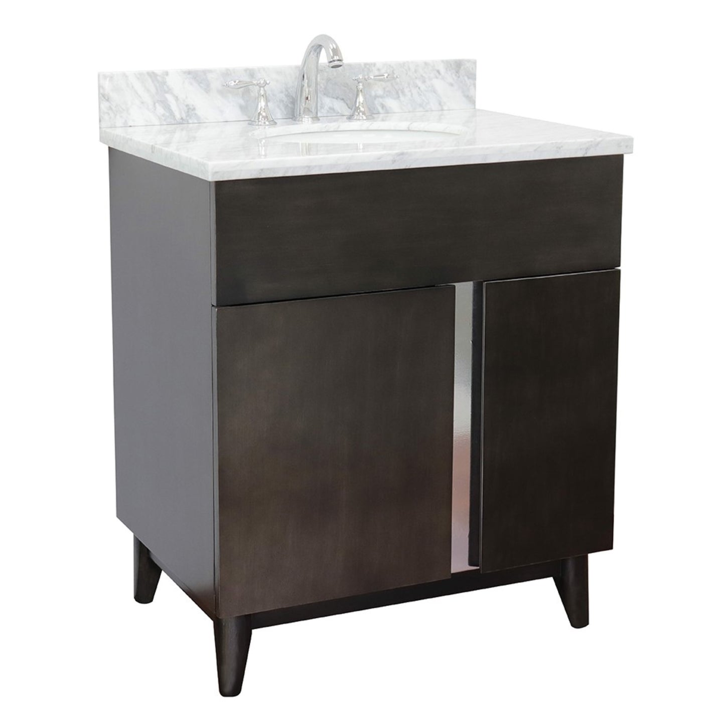 31" Single vanity in Silvery Brown finish with White Carrara top and oval sink