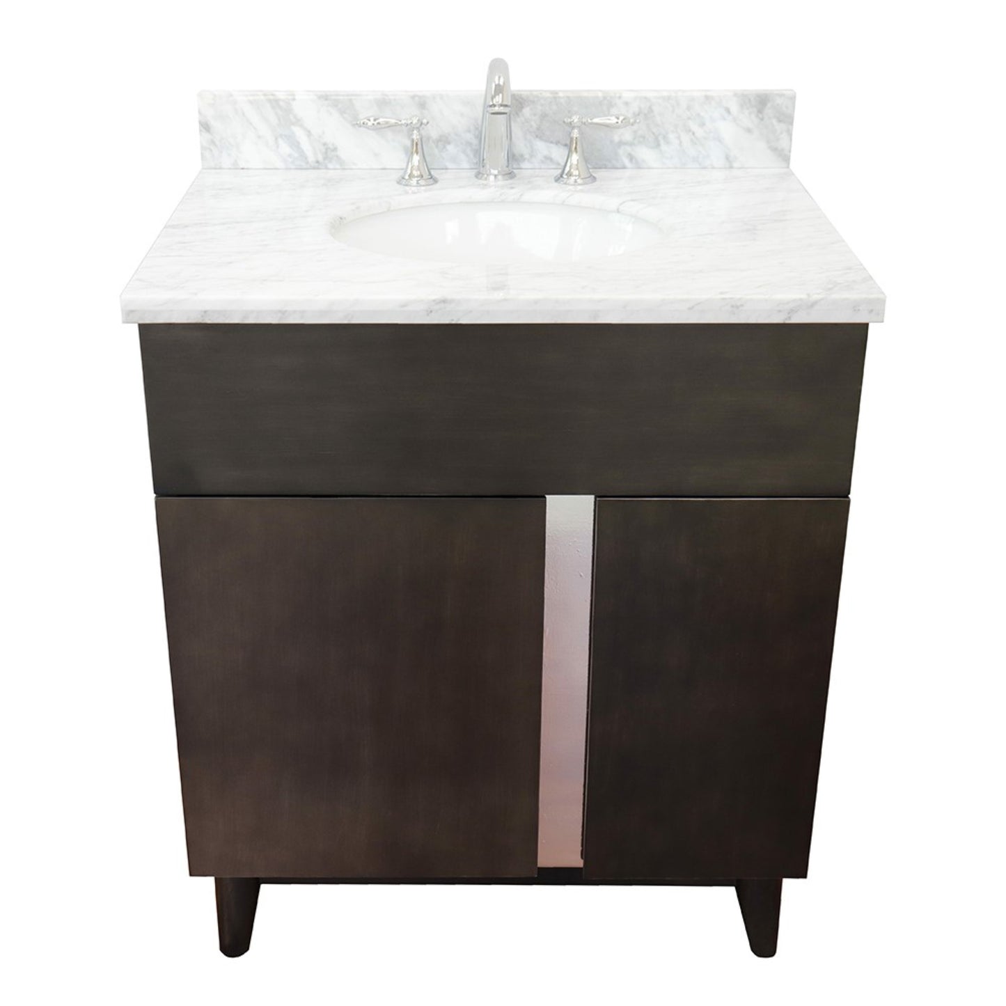 31" Single vanity in Silvery Brown finish with White Carrara top and oval sink