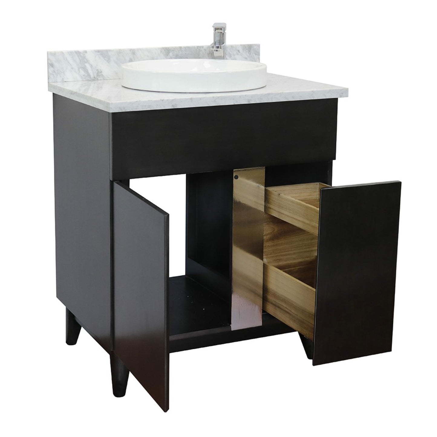 31" Single vanity in Silvery Brown finish with White Carrara top and round sink