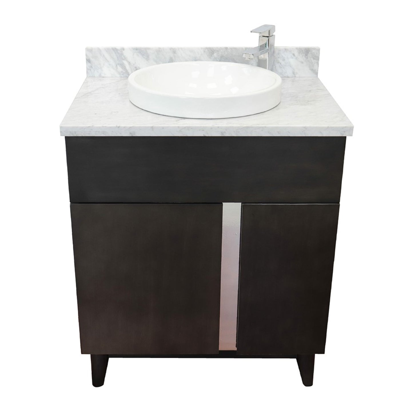 31" Single vanity in Silvery Brown finish with White Carrara top and round sink