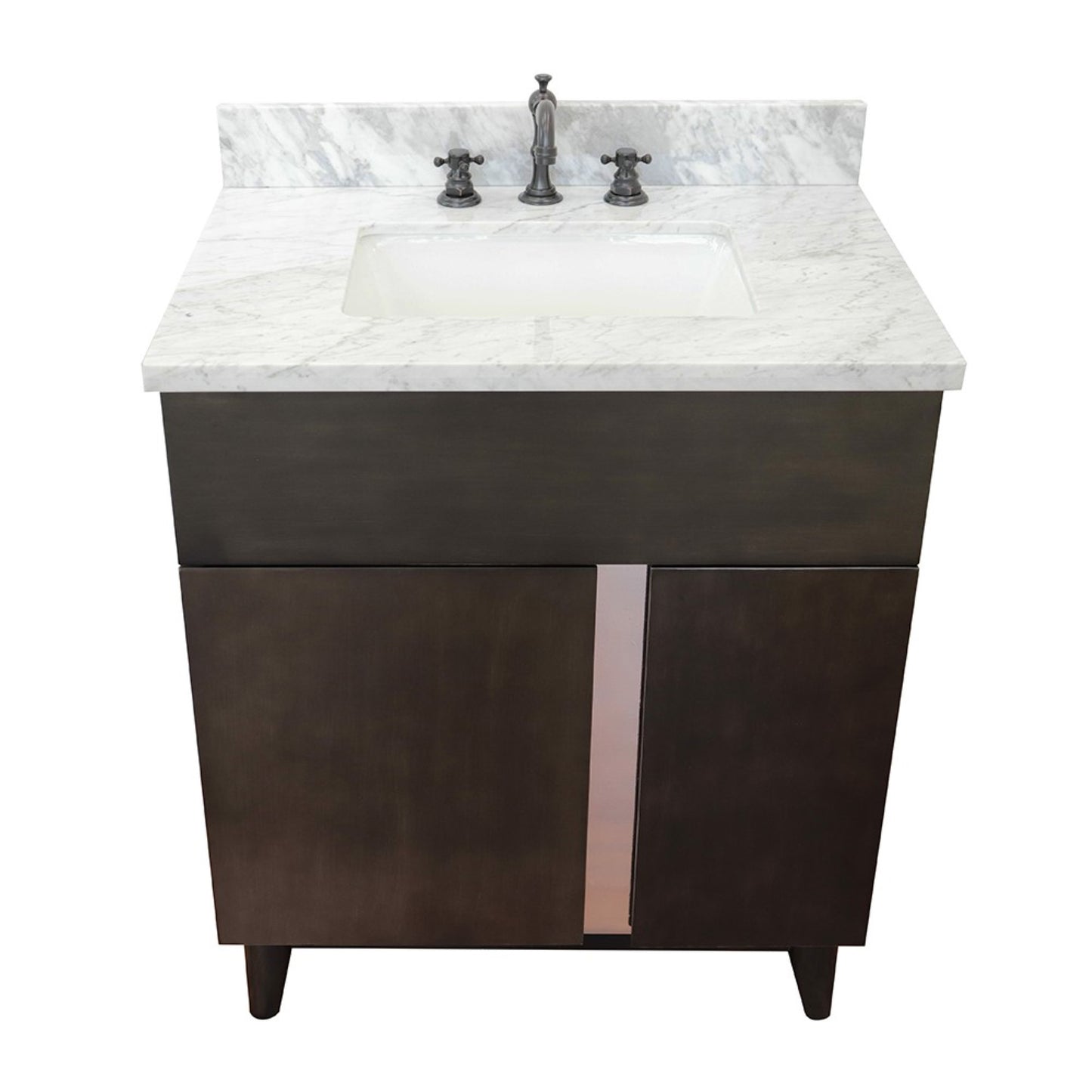 31" Single vanity in Silvery Brown finish with White Carrara top and rectangle sink