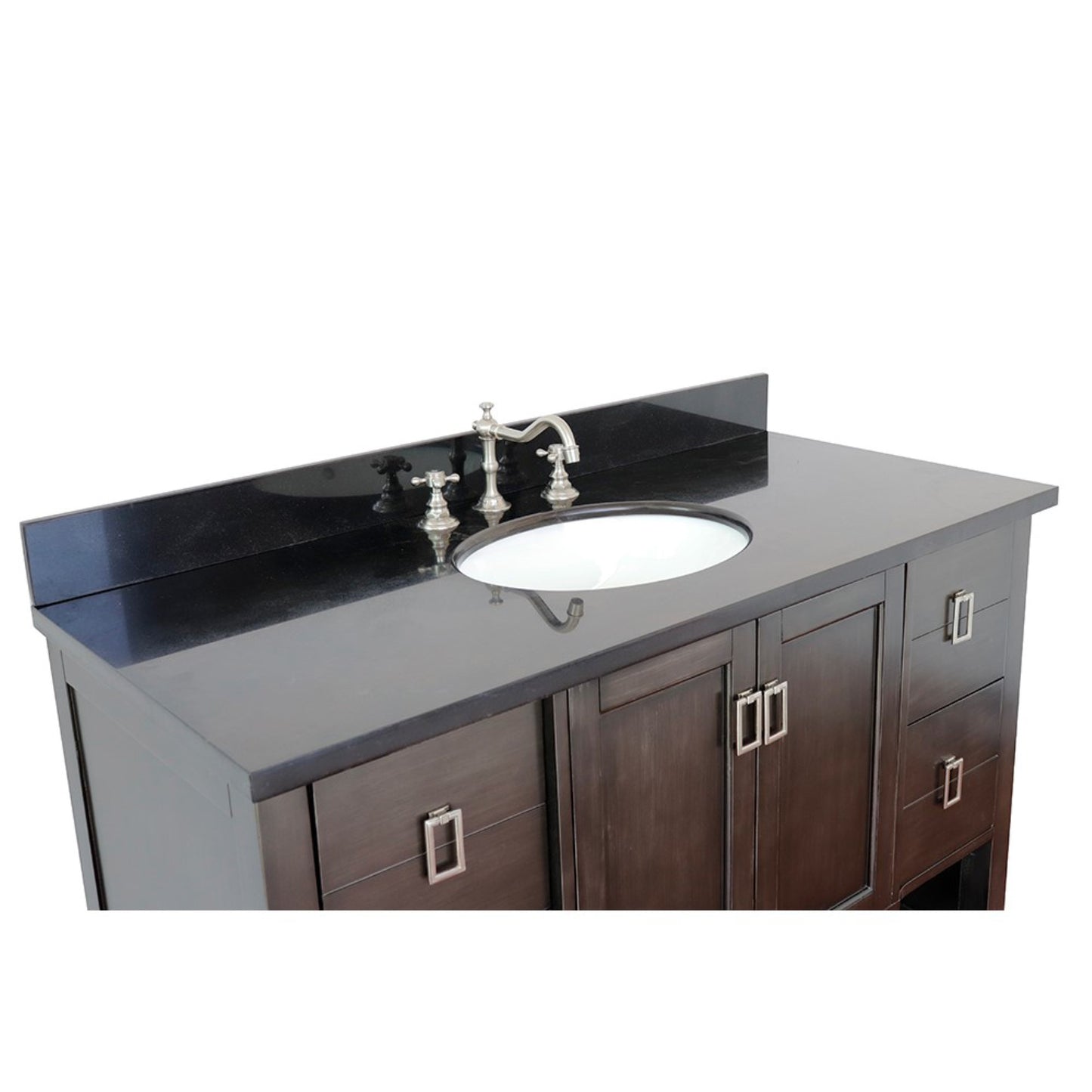 49" Single vanity in Silvery Brown finish with Black Galaxy top and oval sink