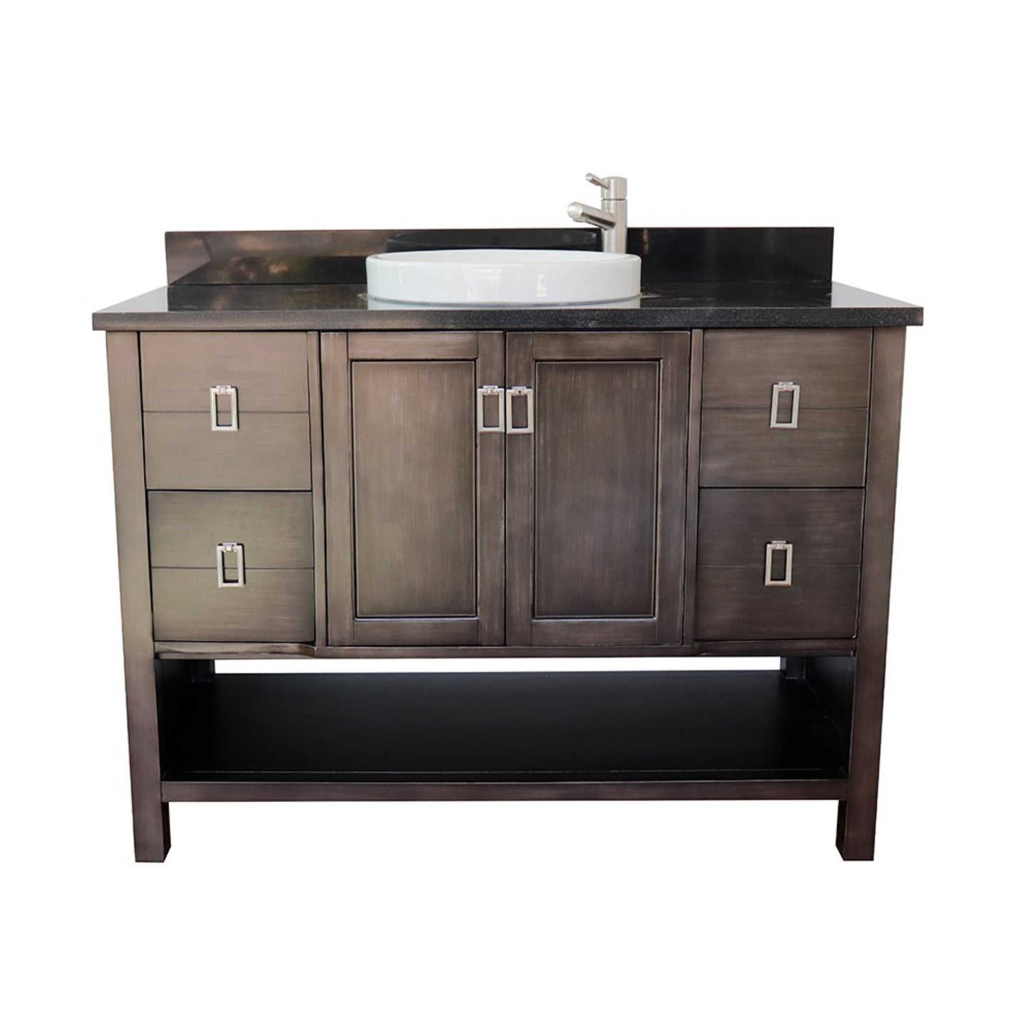 49" Single vanity in Silvery Brown finish with Black Galaxy top and round sink