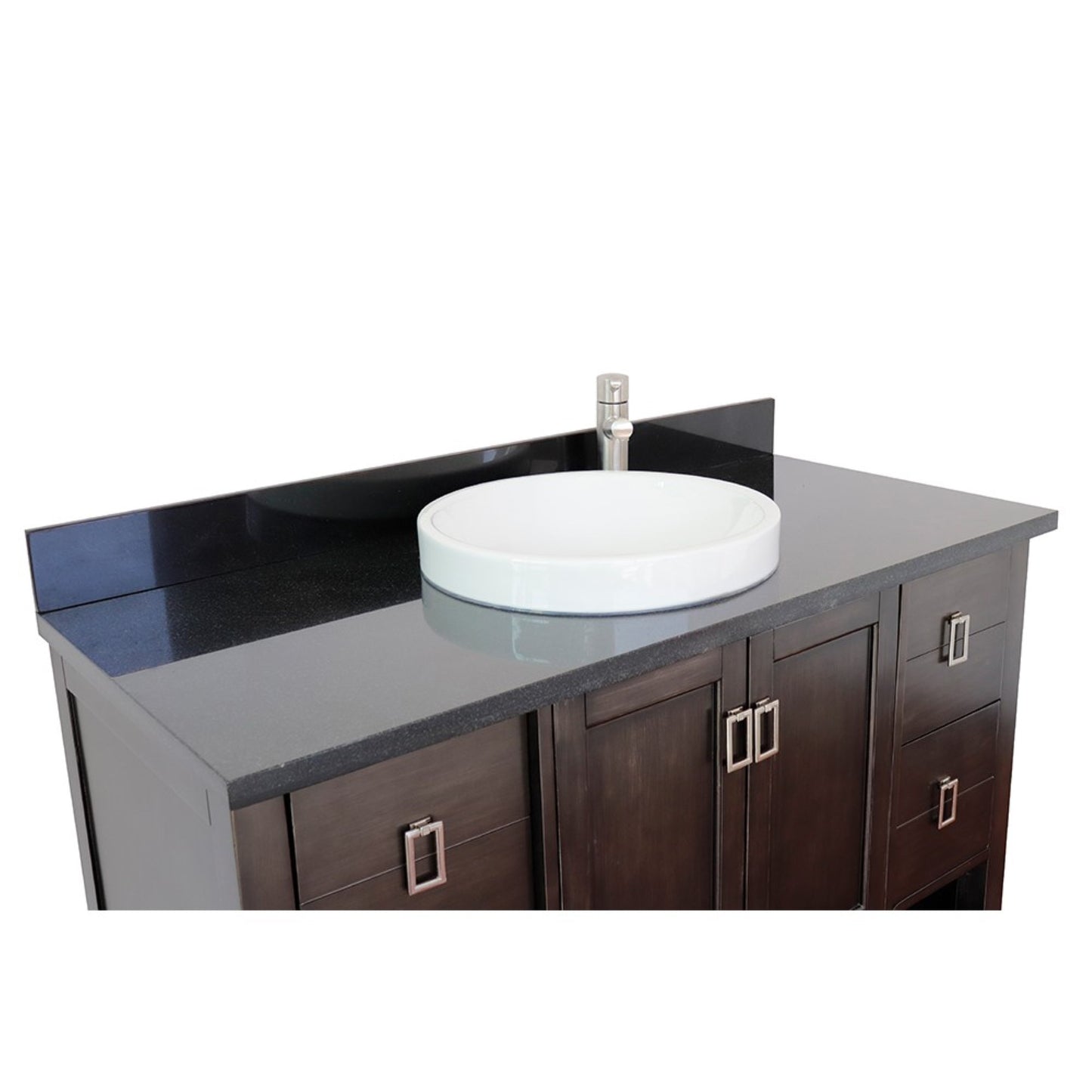 49" Single vanity in Silvery Brown finish with Black Galaxy top and round sink