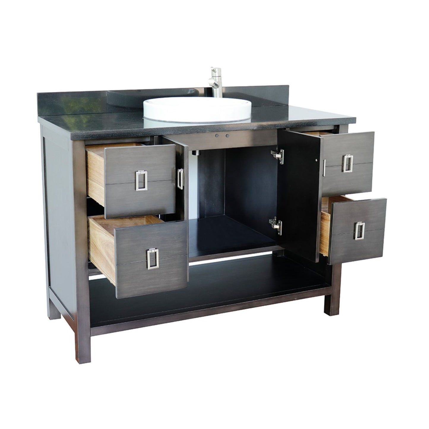49" Single vanity in Silvery Brown finish with Black Galaxy top and round sink