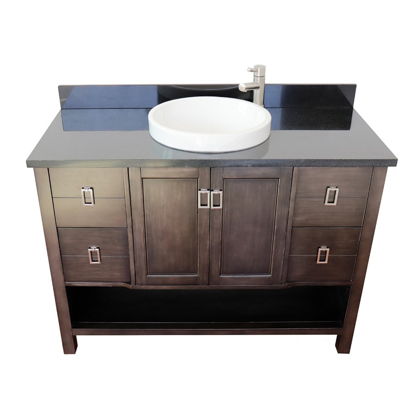 49" Single vanity in Silvery Brown finish with Black Galaxy top and round sink