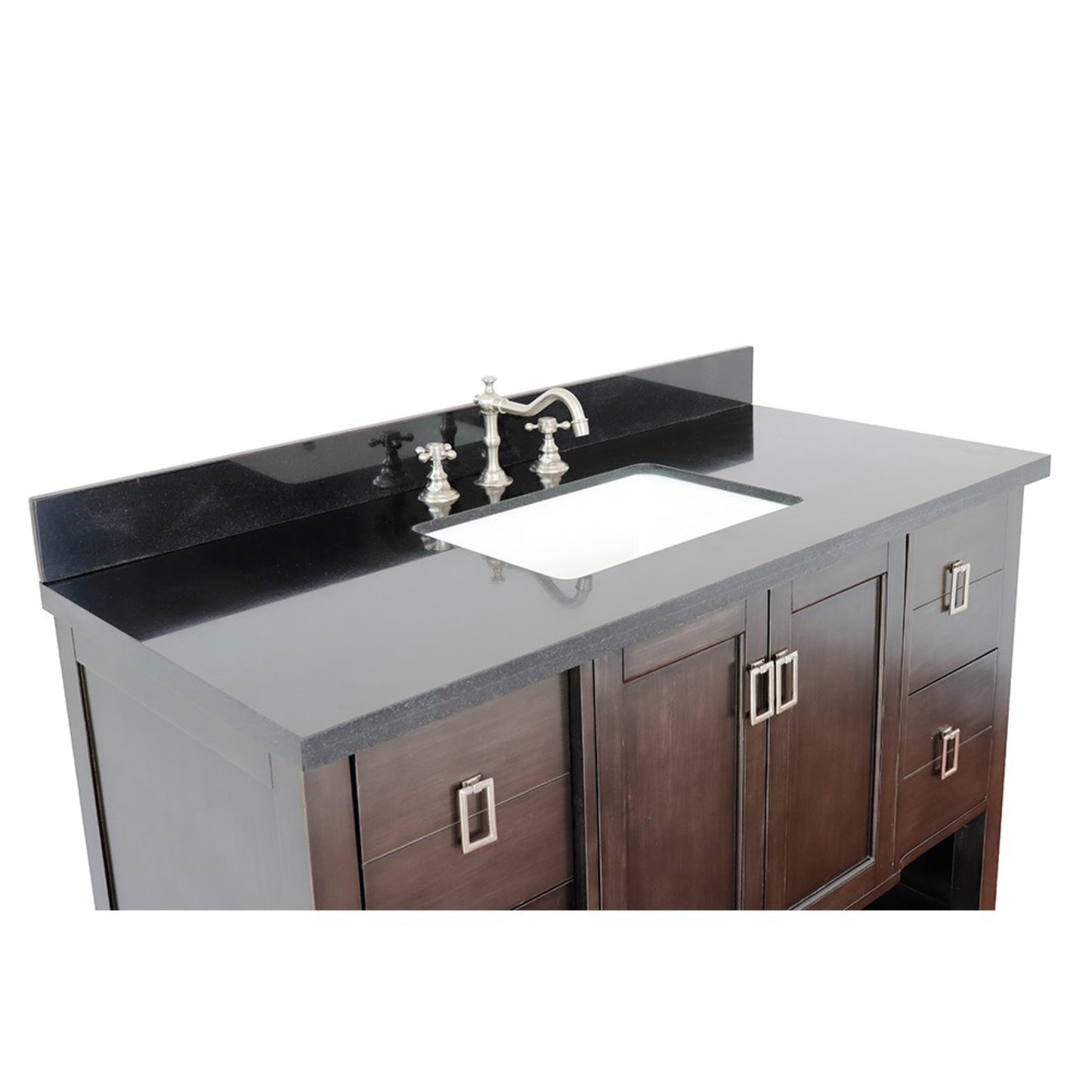 49" Single vanity in Silvery Brown finish with Black Galaxy top and rectangle sink
