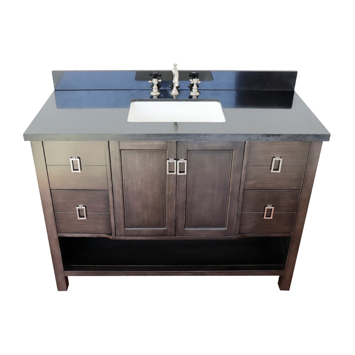 49" Single vanity in Silvery Brown finish with Black Galaxy top and rectangle sink