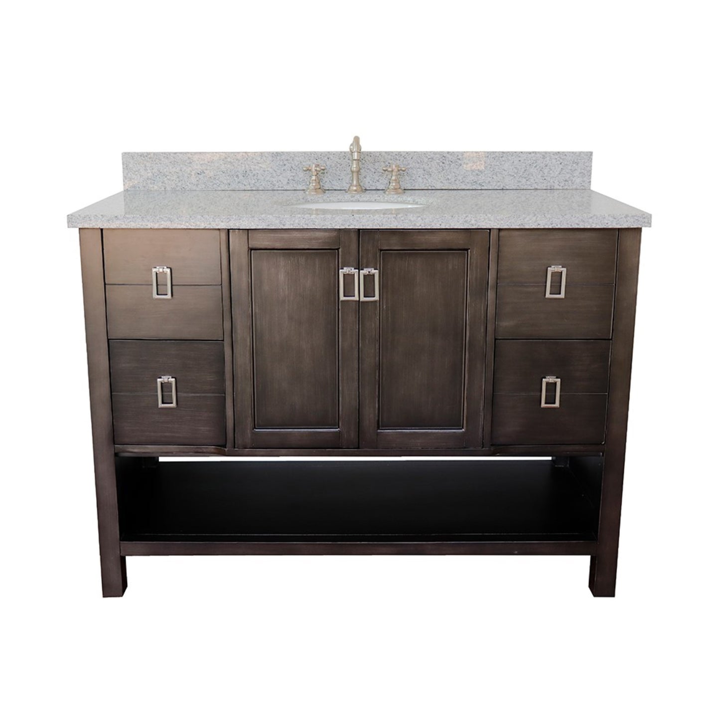 49" Single vanity in Silvery Brown finish with Gray granite top and oval sink