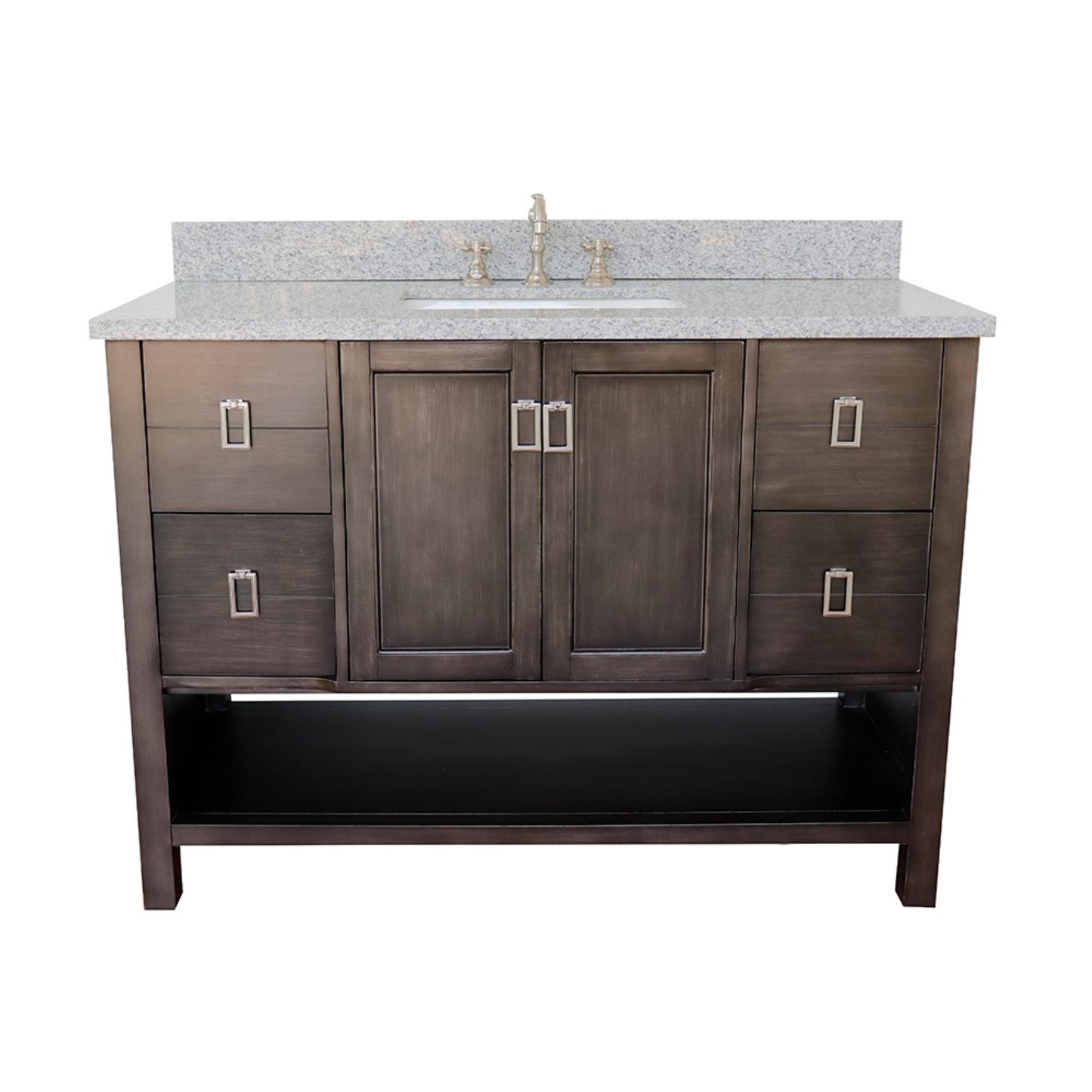 49" Single vanity in Silvery Brown finish with Gray granite top and rectangle sink