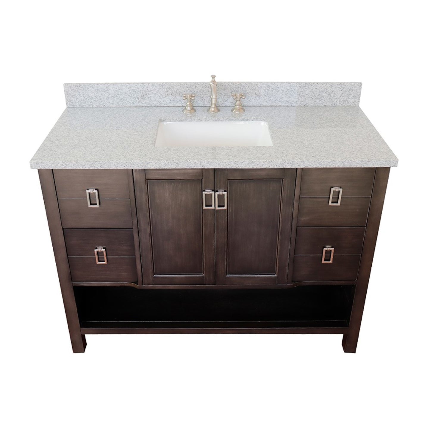 49" Single vanity in Silvery Brown finish with Gray granite top and rectangle sink