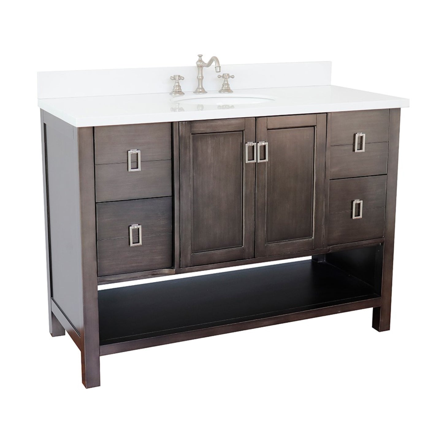 49" Single vanity in Silvery Brown finish with White engineered stone top and oval sink