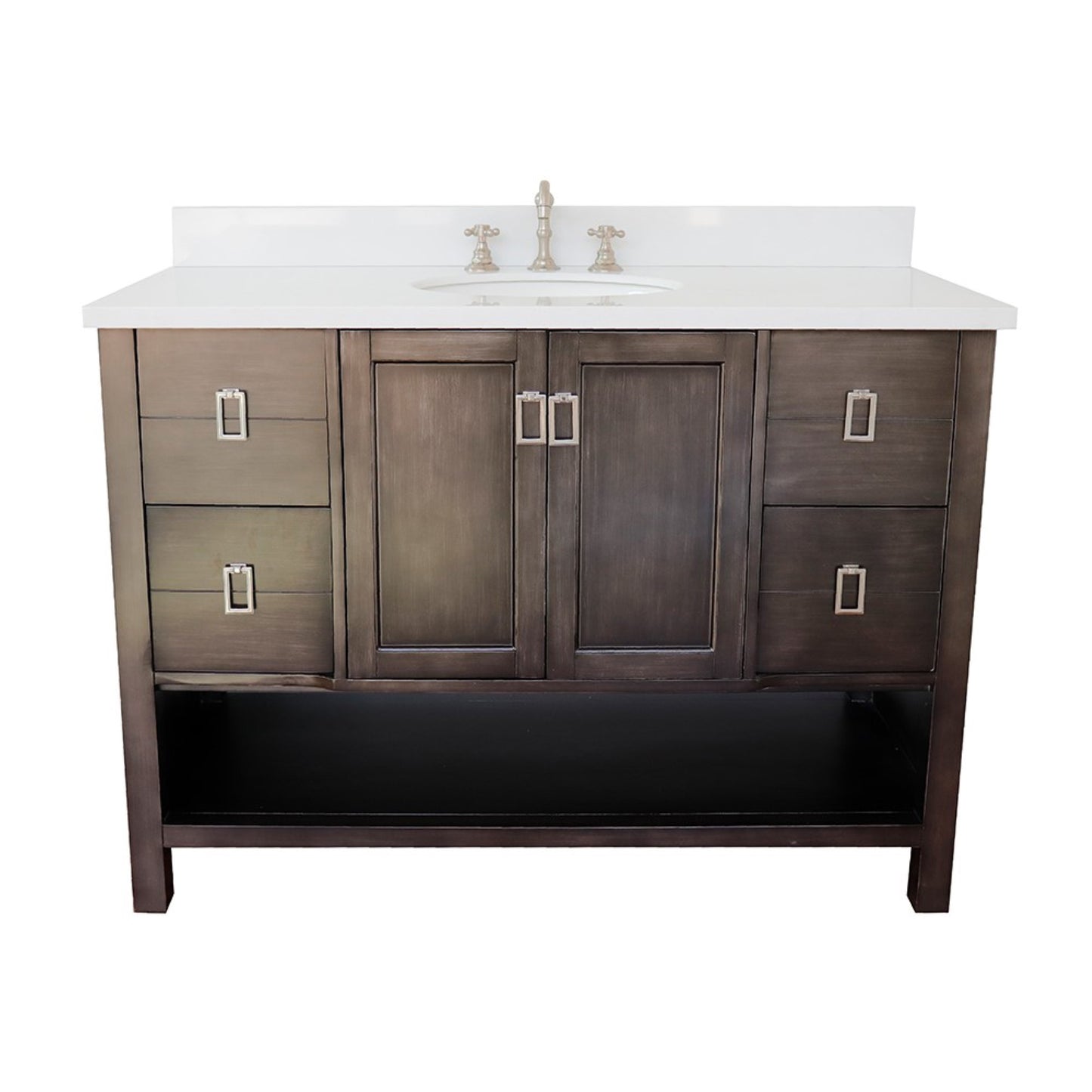 49" Single vanity in Silvery Brown finish with White engineered stone top and oval sink