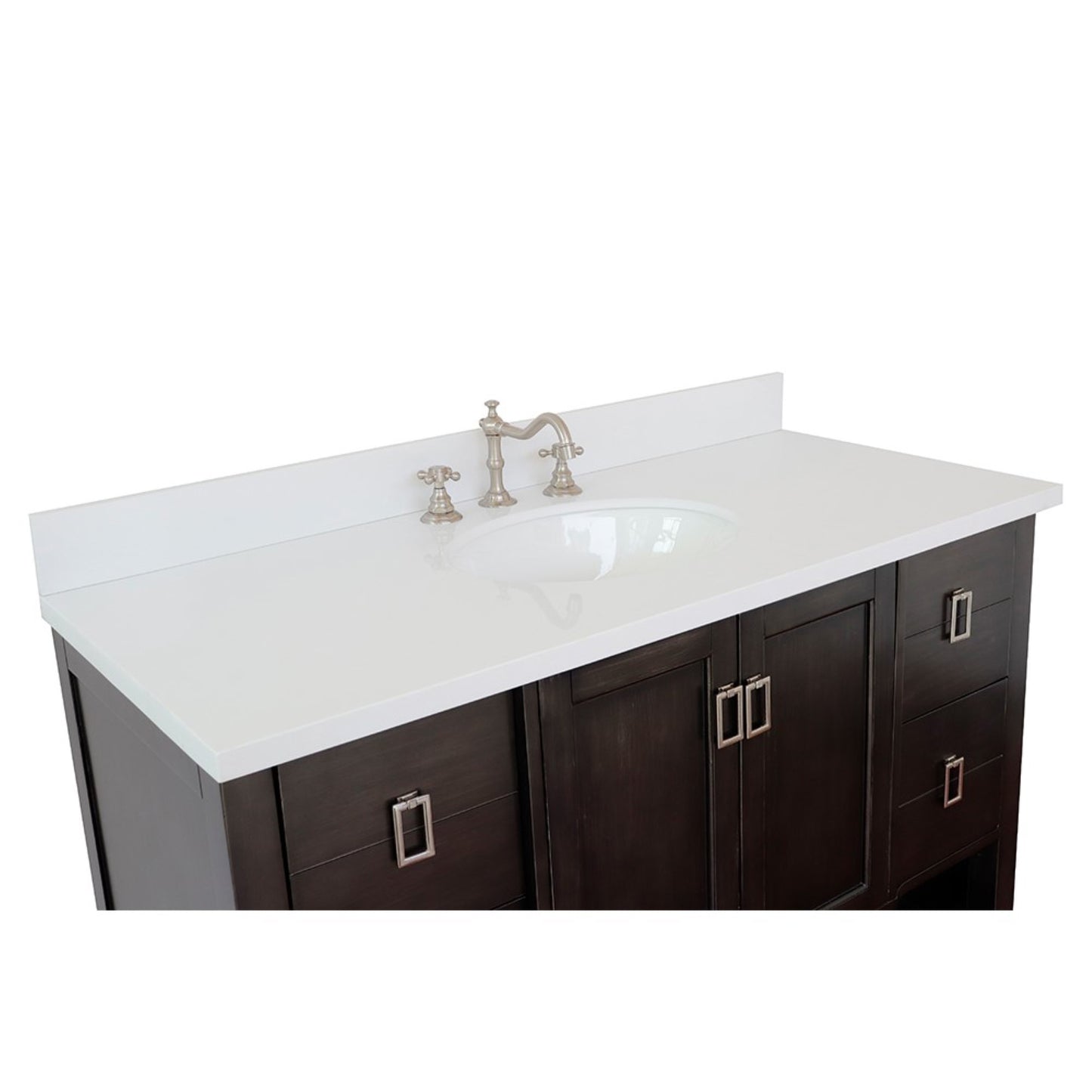 49" Single vanity in Silvery Brown finish with White engineered stone top and oval sink