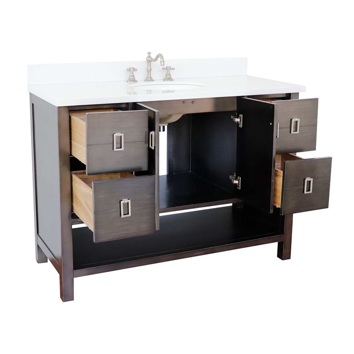 49" Single vanity in Silvery Brown finish with White engineered stone top and oval sink