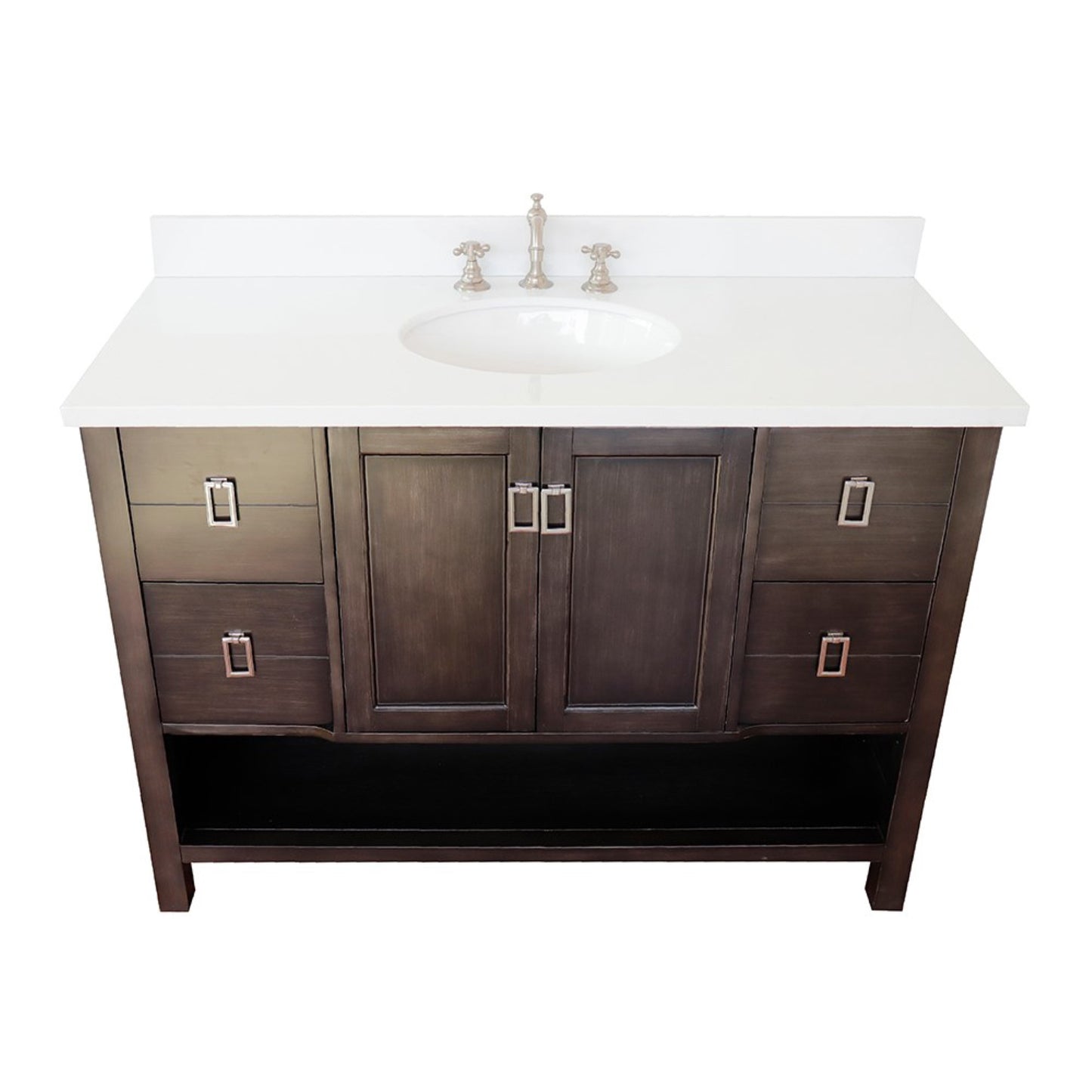 49" Single vanity in Silvery Brown finish with White engineered stone top and oval sink