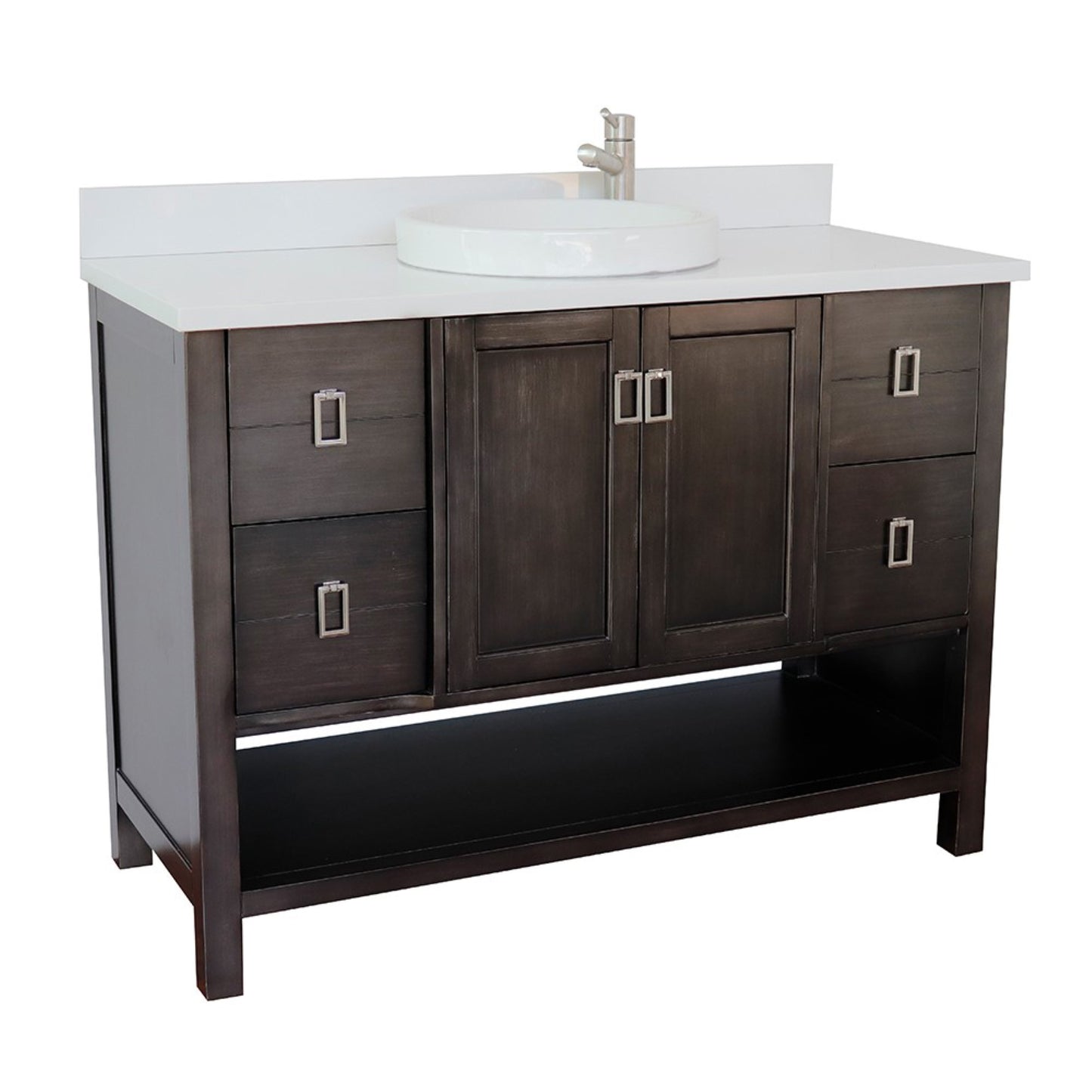 49" Single vanity in Silvery Brown finish with White engineered stone top and round sink