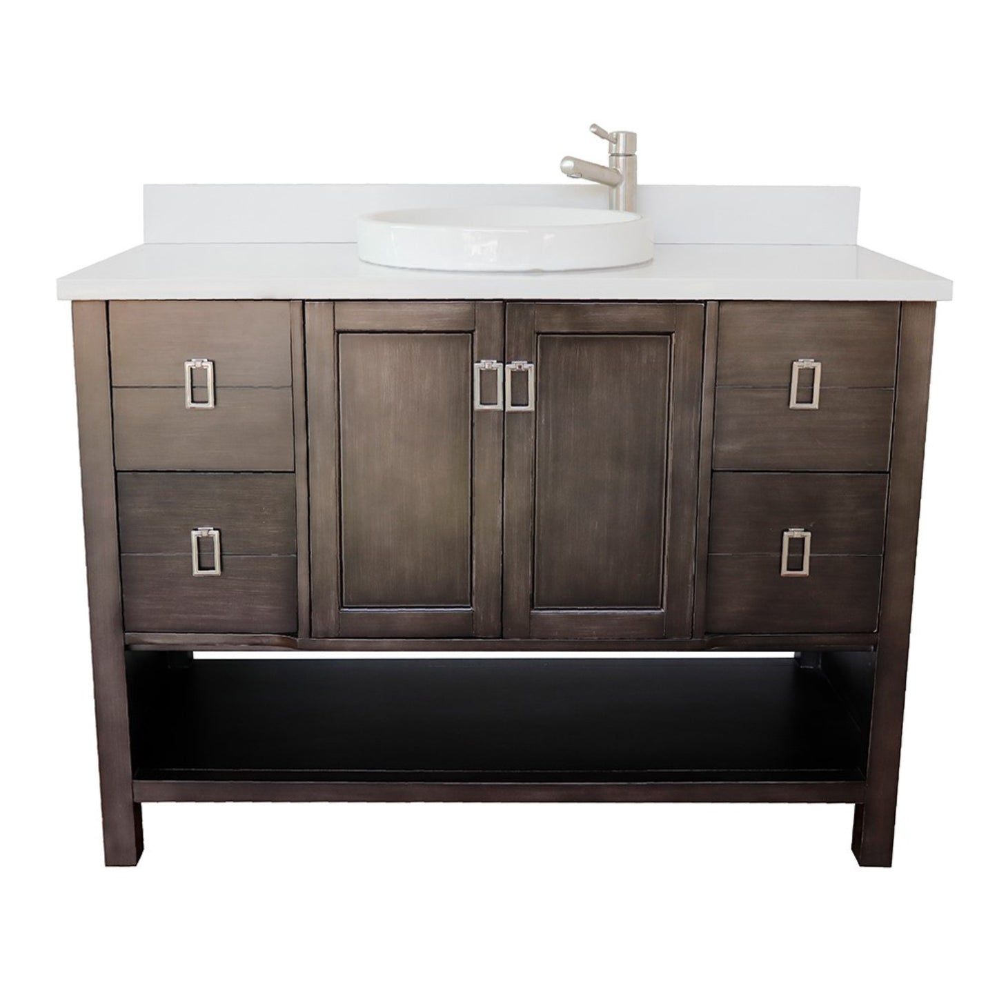 49" Single vanity in Silvery Brown finish with White engineered stone top and round sink