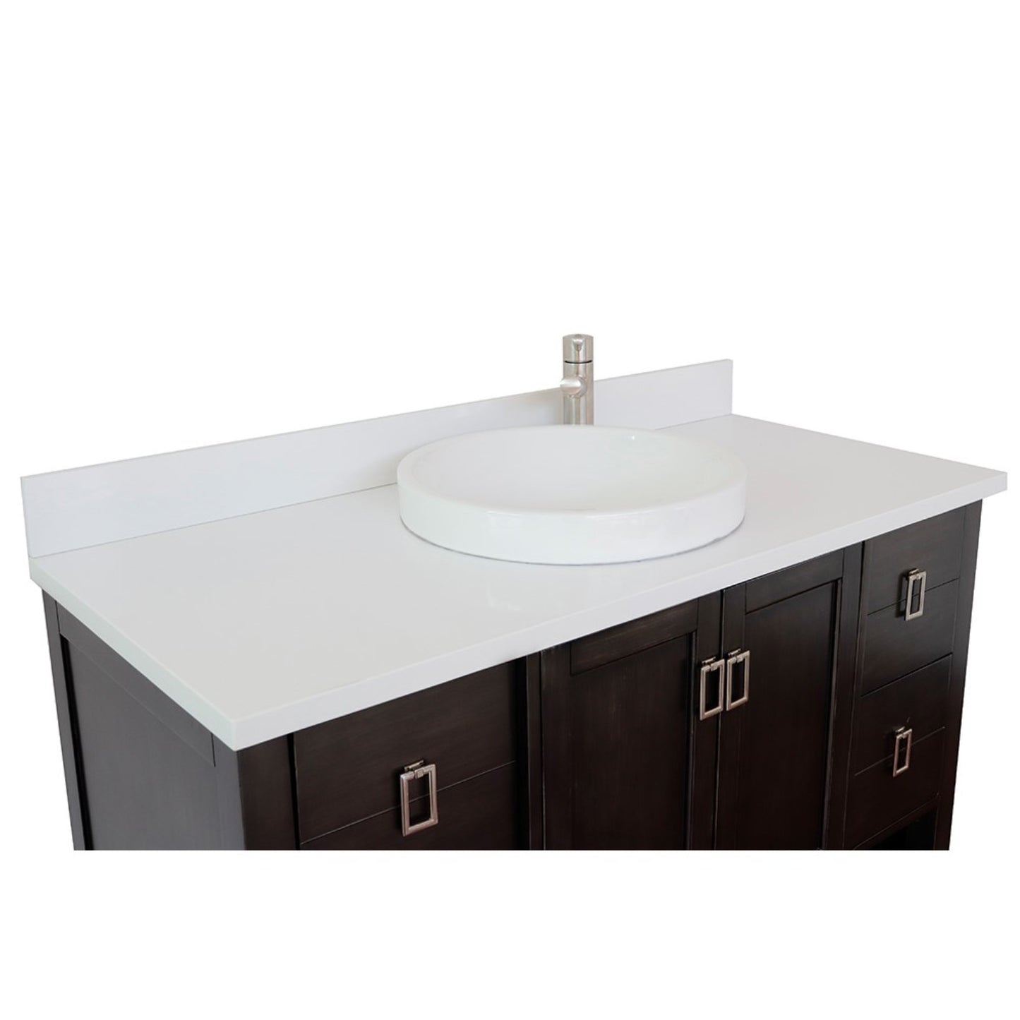 49" Single vanity in Silvery Brown finish with White engineered stone top and round sink