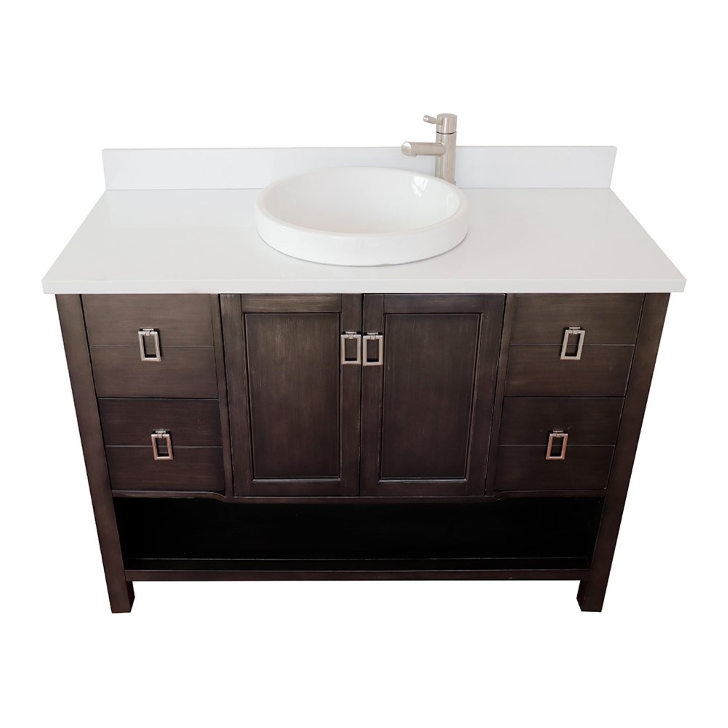 49" Single vanity in Silvery Brown finish with White engineered stone top and round sink
