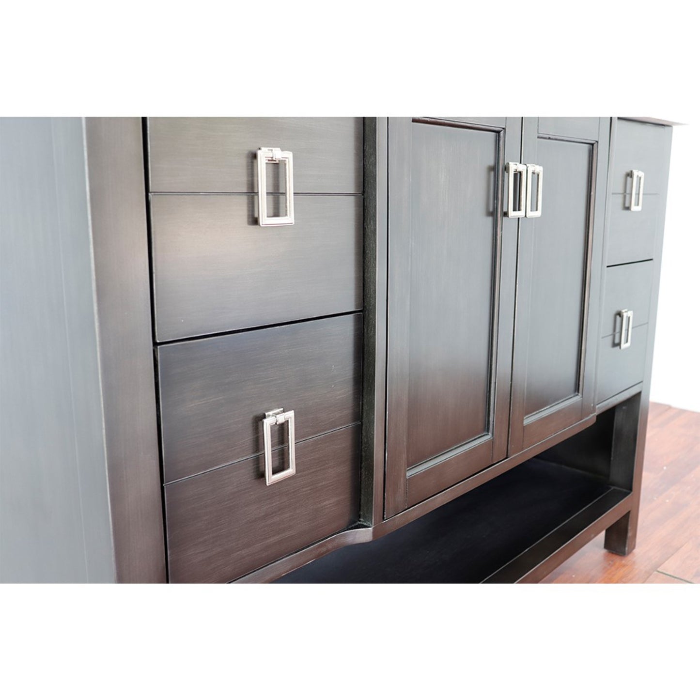49" Single vanity in Silvery Brown finish with White engineered stone top and round sink