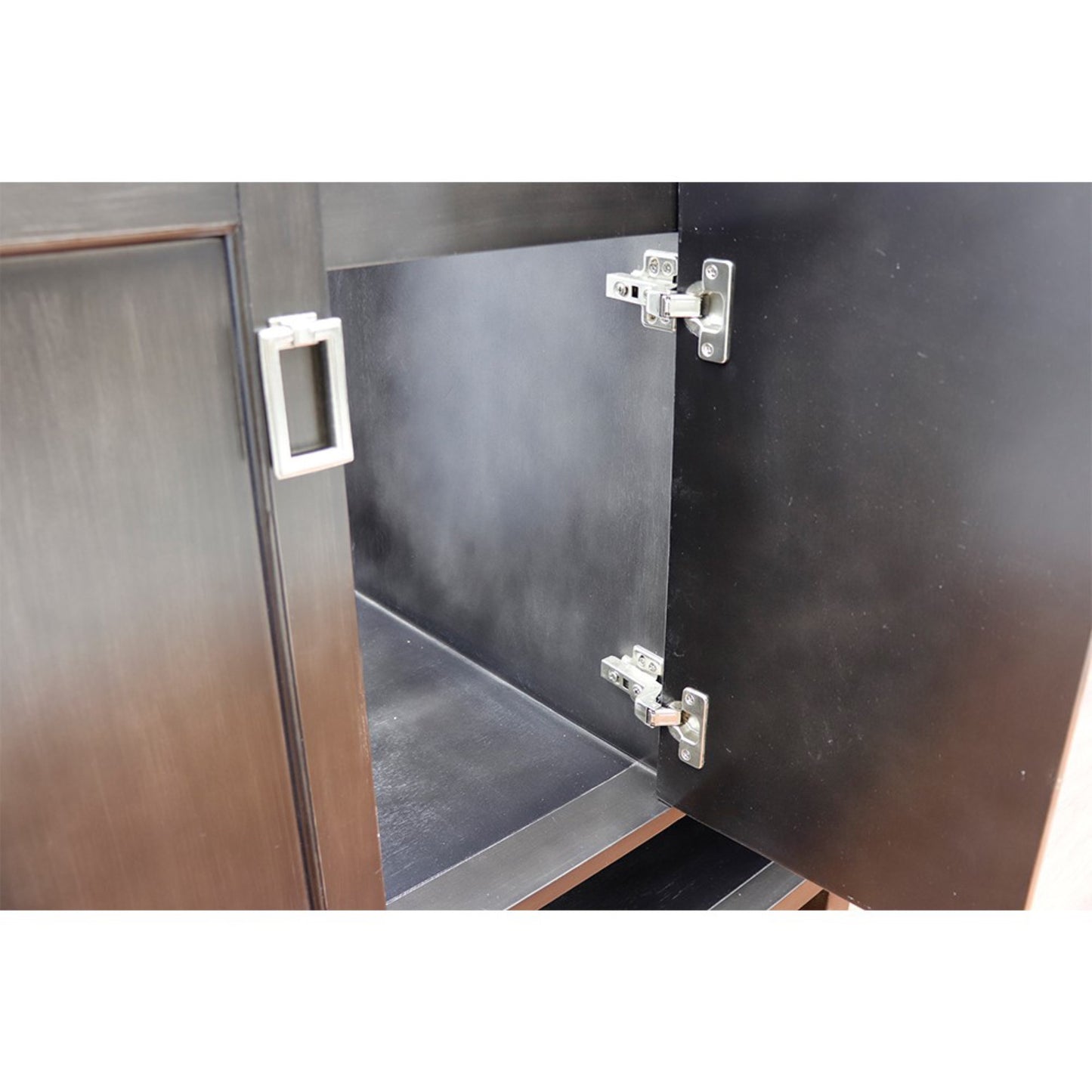 49" Single vanity in Silvery Brown finish with White engineered stone top and round sink