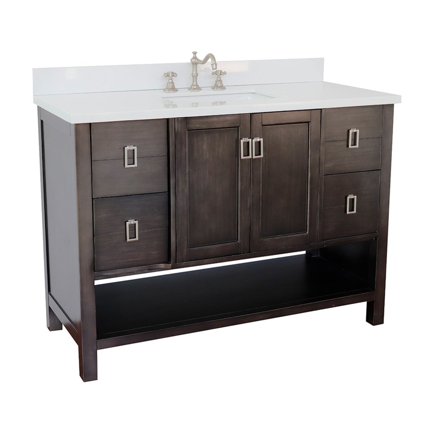 49" Single vanity in Silvery Brown finish with White engineered stone top and rectangle sink