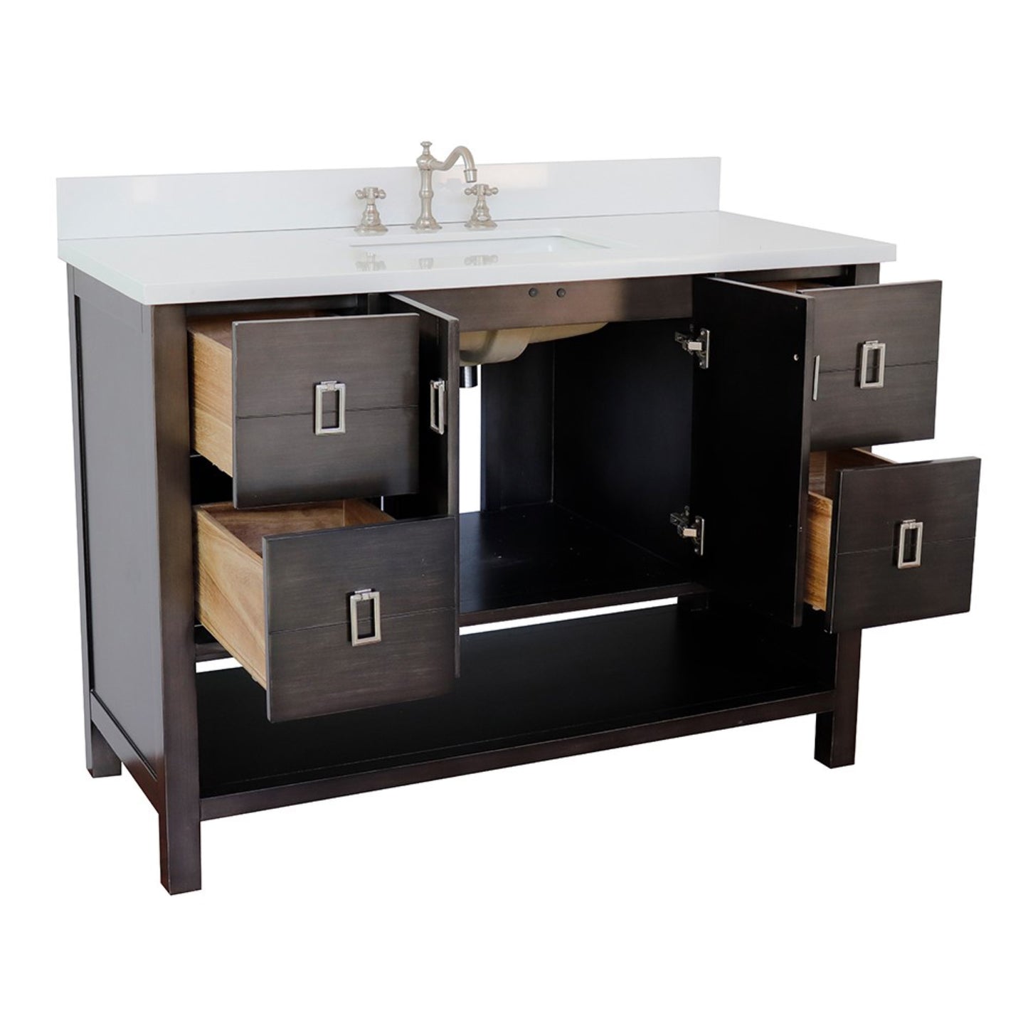 49" Single vanity in Silvery Brown finish with White engineered stone top and rectangle sink