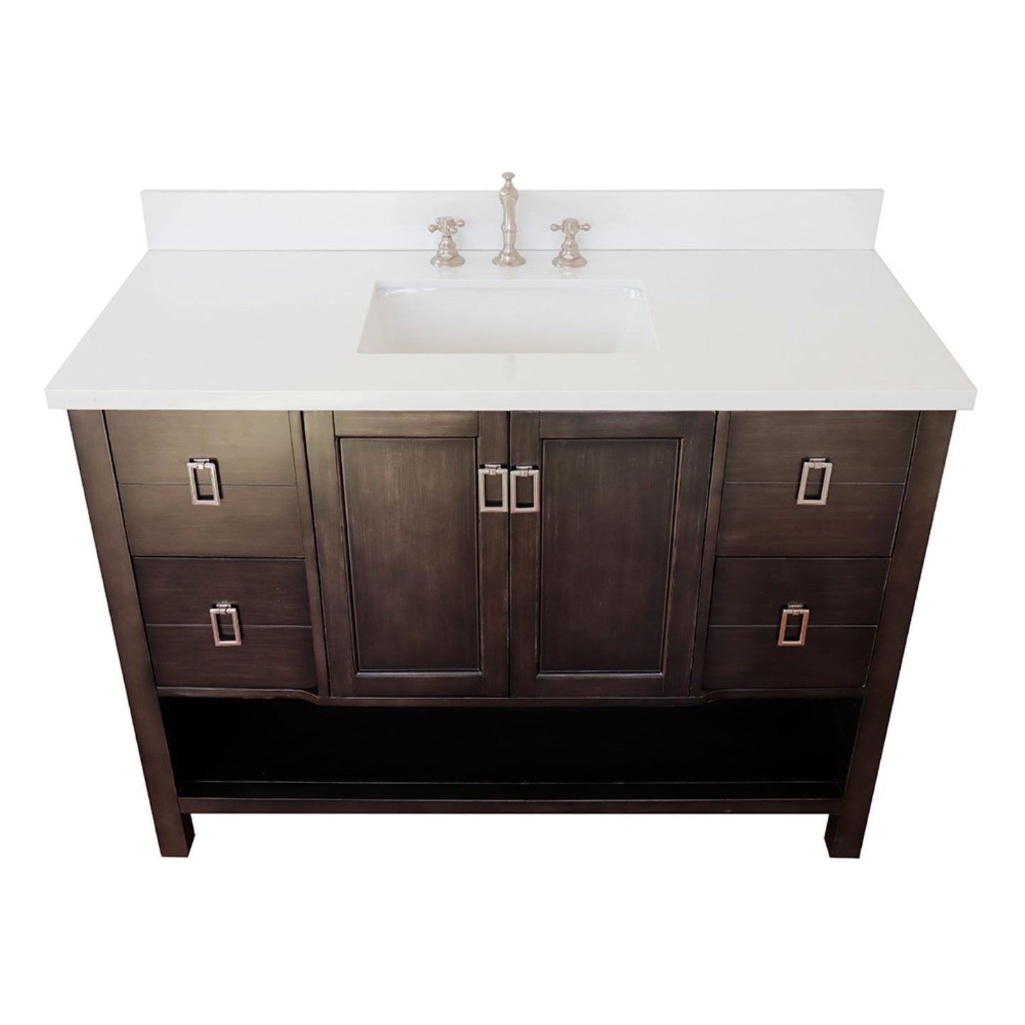 49" Single vanity in Silvery Brown finish with White engineered stone top and rectangle sink