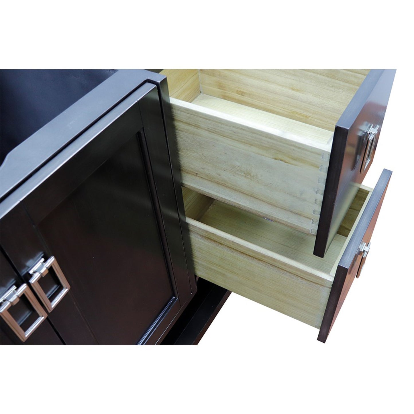 49" Single vanity in Silvery Brown finish with White engineered stone top and rectangle sink