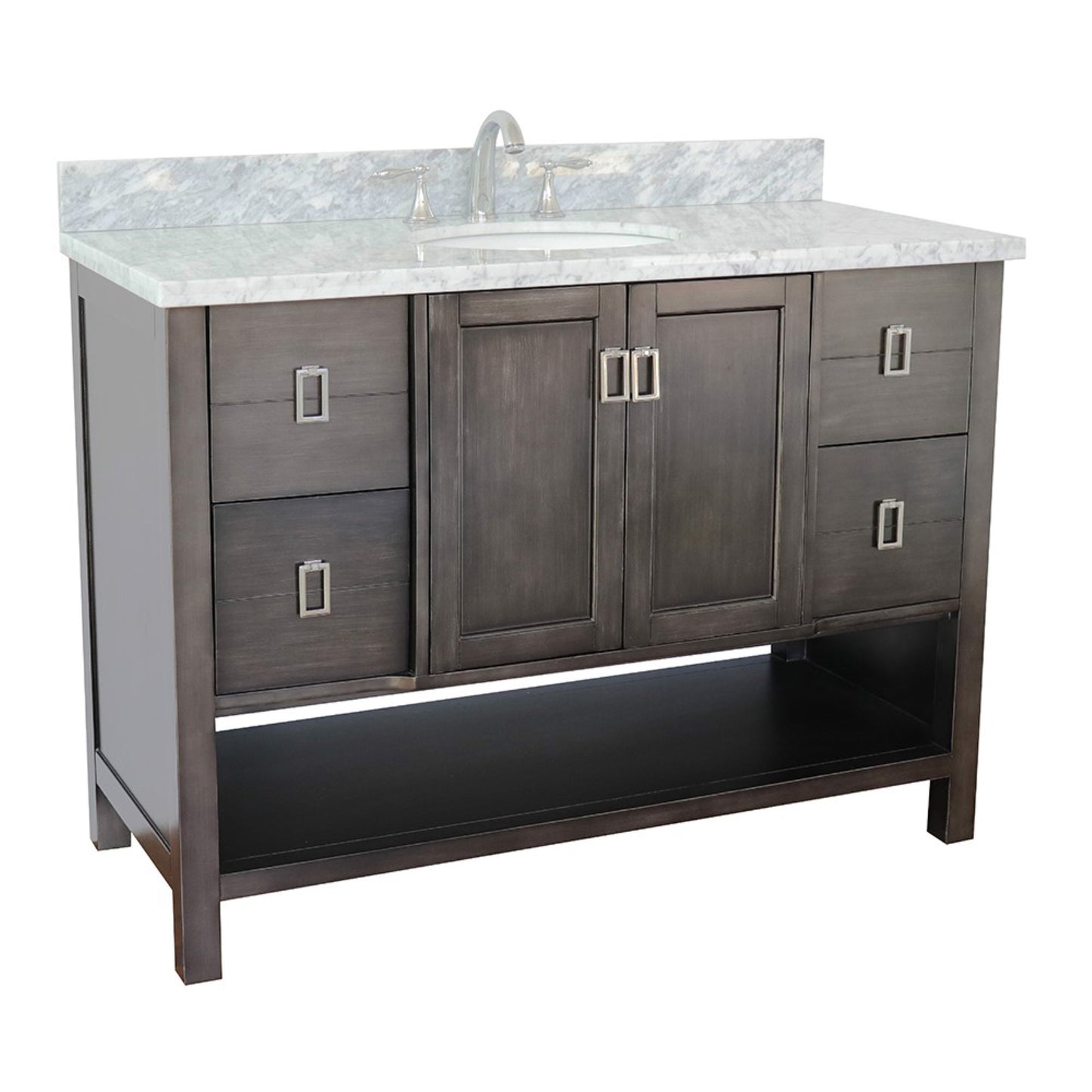 49" Single vanity in Silvery Brown finish with White Carrara top and oval sink