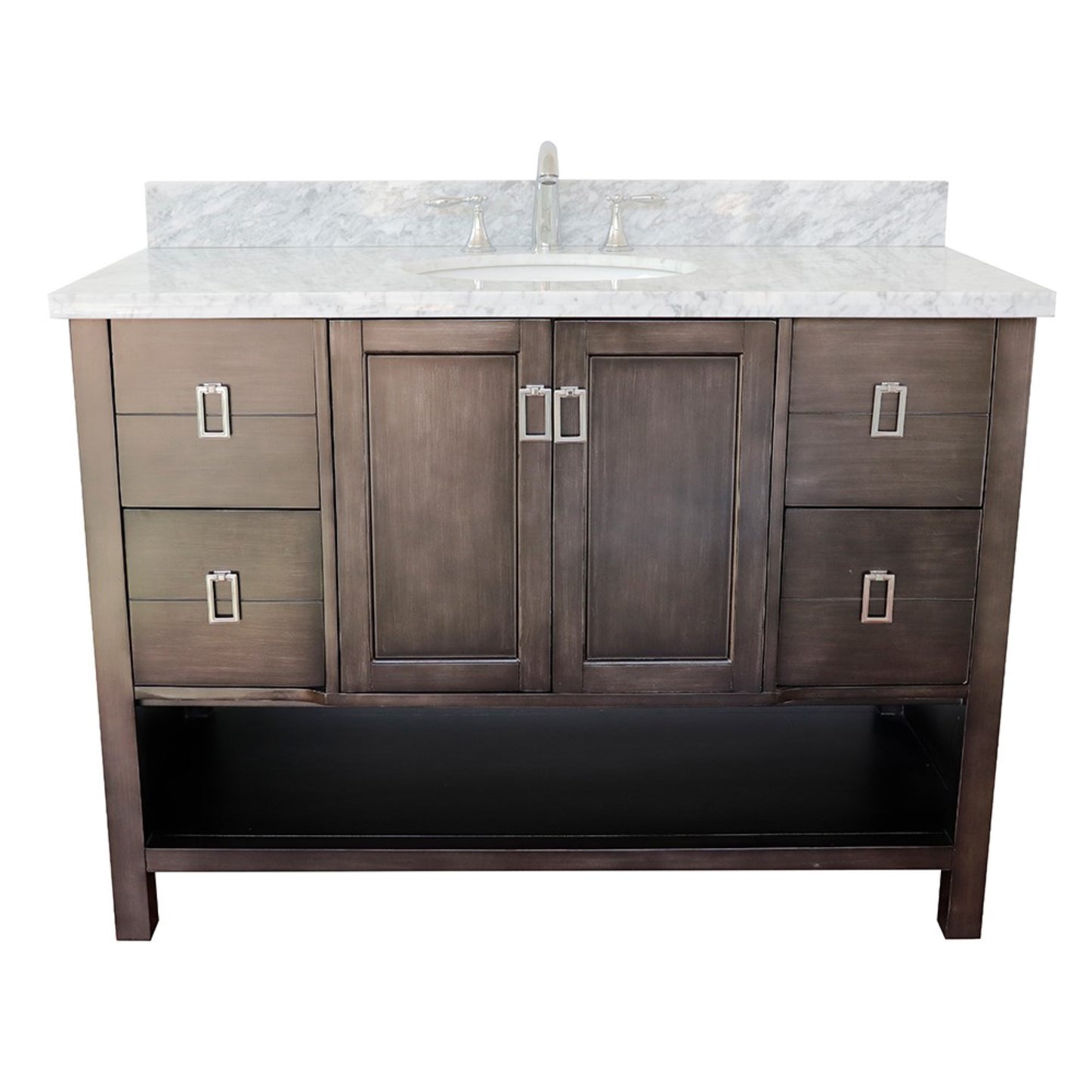 49" Single vanity in Silvery Brown finish with White Carrara top and oval sink