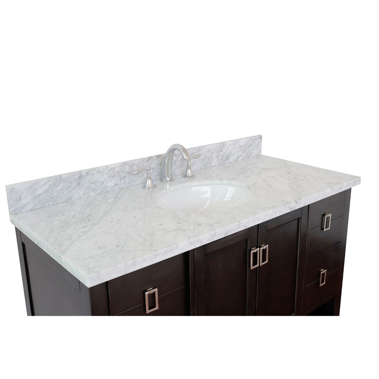 49" Single vanity in Silvery Brown finish with White Carrara top and oval sink