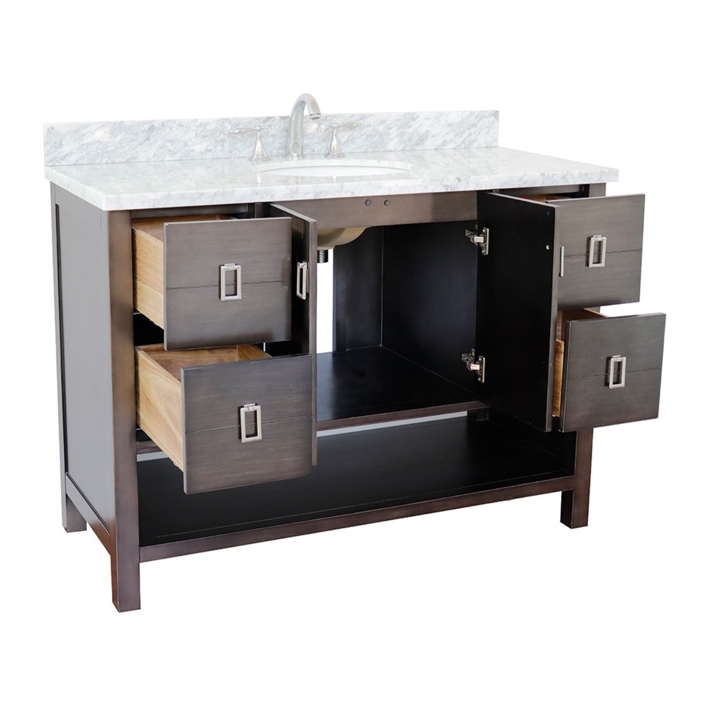 49" Single vanity in Silvery Brown finish with White Carrara top and oval sink