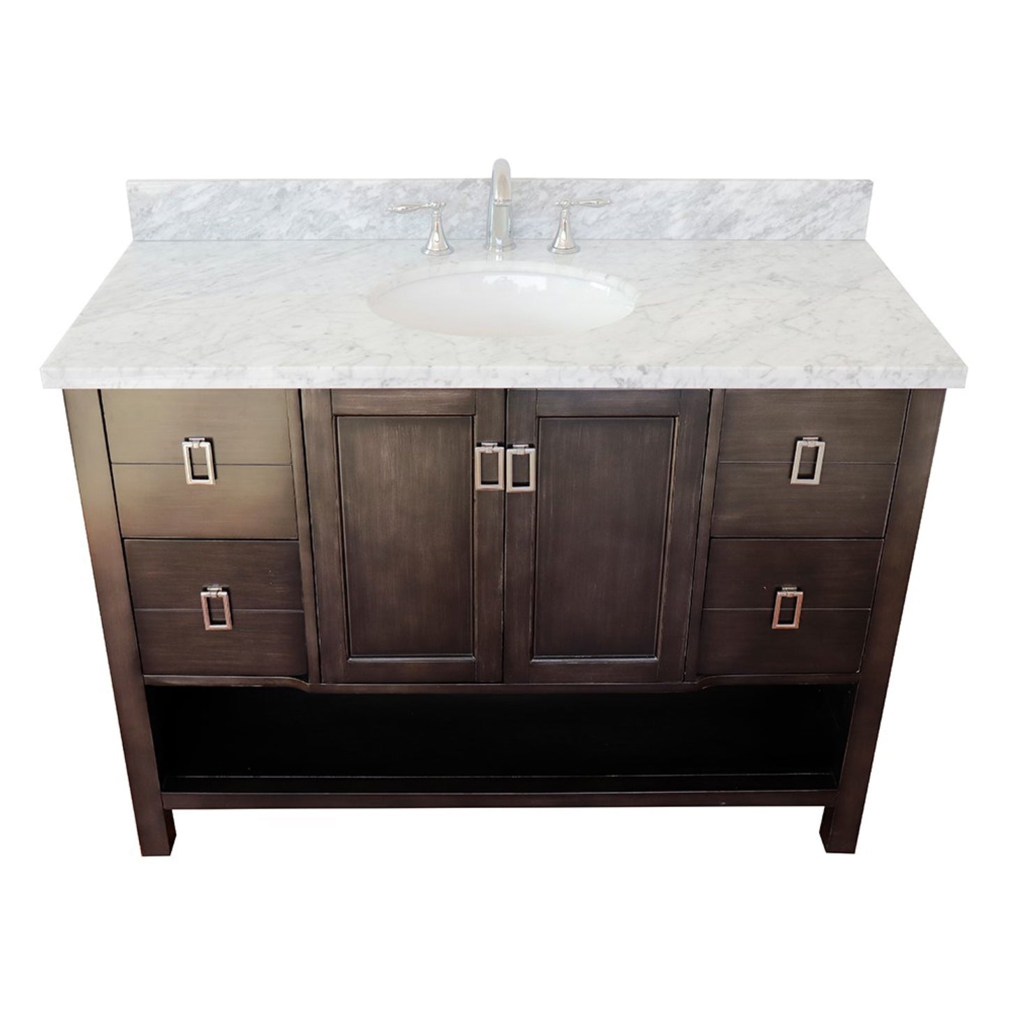 49" Single vanity in Silvery Brown finish with White Carrara top and oval sink