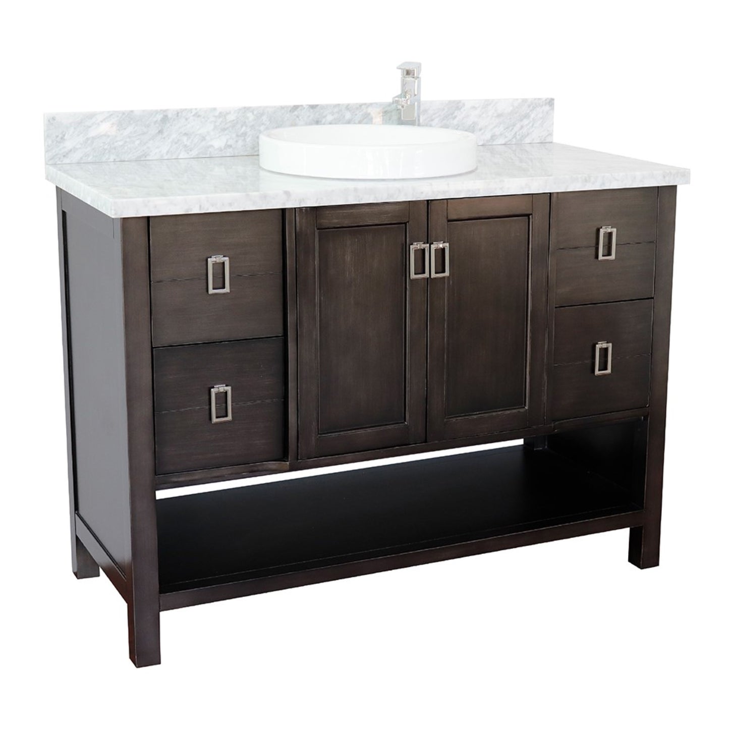 49" Single vanity in Silvery Brown finish with White Carrara top and round sink