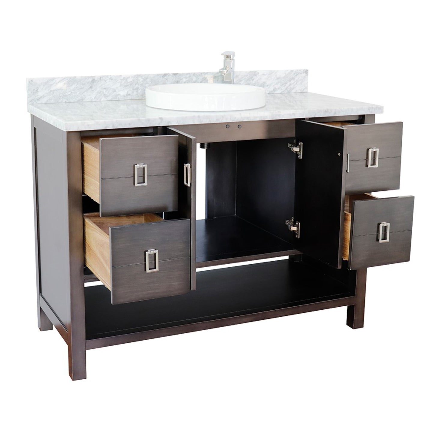 49" Single vanity in Silvery Brown finish with White Carrara top and round sink