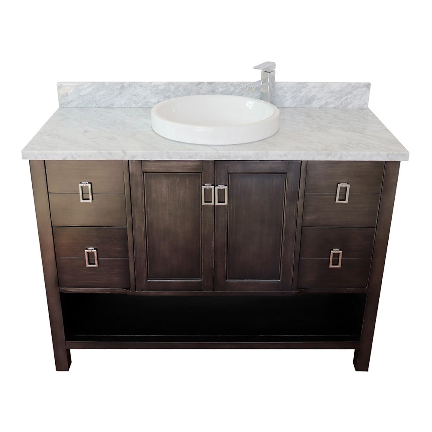 49" Single vanity in Silvery Brown finish with White Carrara top and round sink