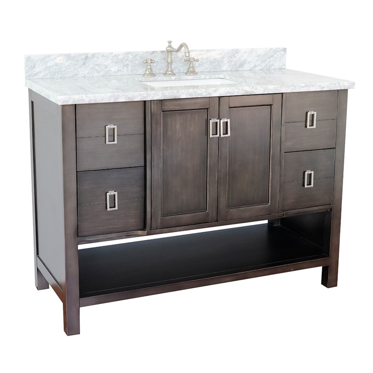 49" Single vanity in Silvery Brown finish with White Carrara top and rectangle sink
