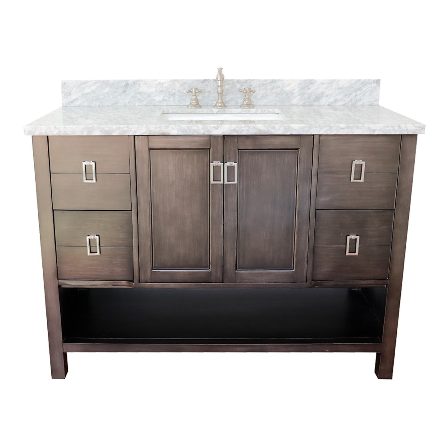 49" Single vanity in Silvery Brown finish with White Carrara top and rectangle sink