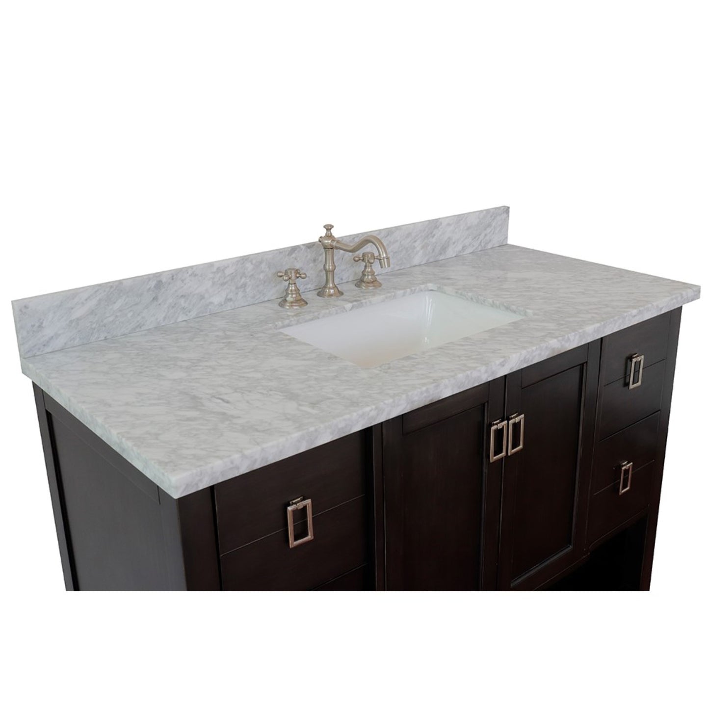 49" Single vanity in Silvery Brown finish with White Carrara top and rectangle sink