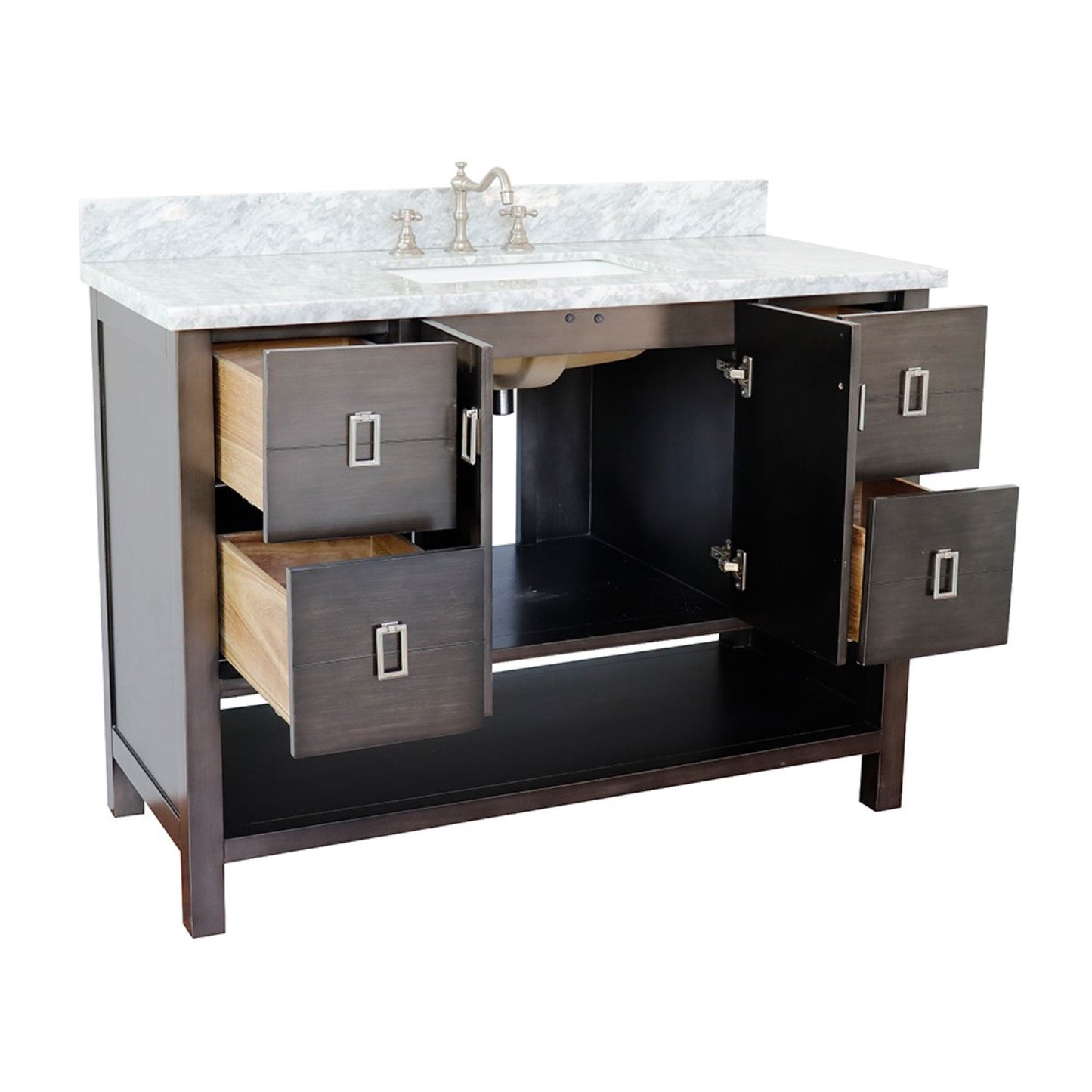 49" Single vanity in Silvery Brown finish with White Carrara top and rectangle sink