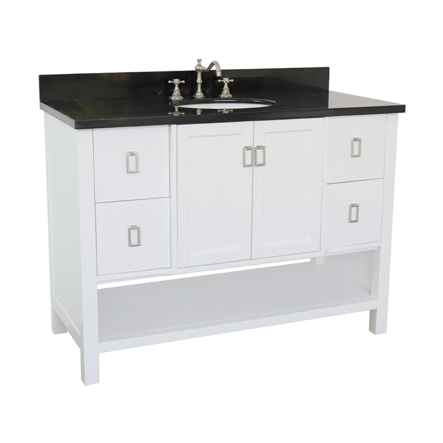 49" Single vanity in White finish with Black Galaxy top and oval sink