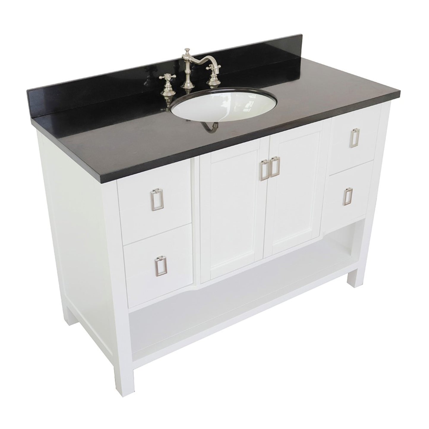 49" Single vanity in White finish with Black Galaxy top and oval sink