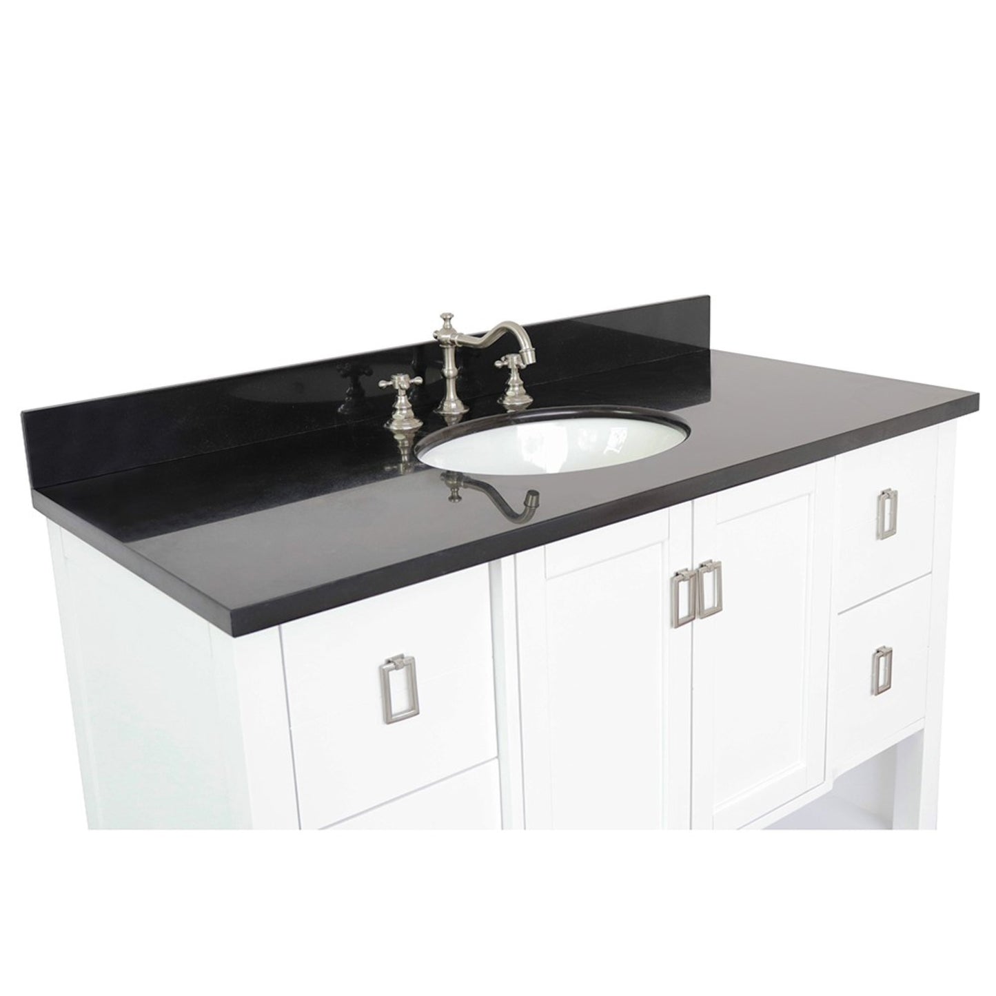 49" Single vanity in White finish with Black Galaxy top and oval sink