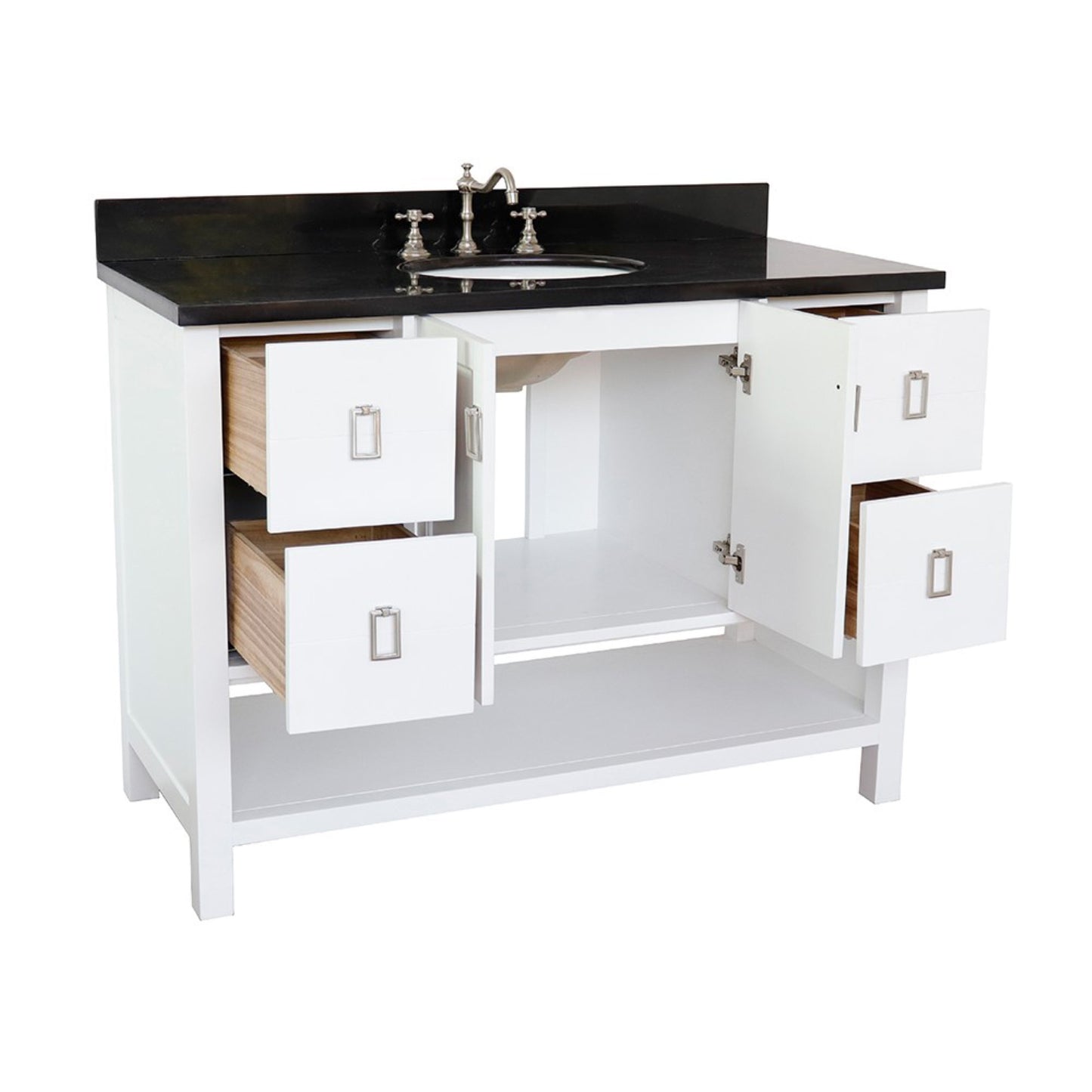 49" Single vanity in White finish with Black Galaxy top and oval sink